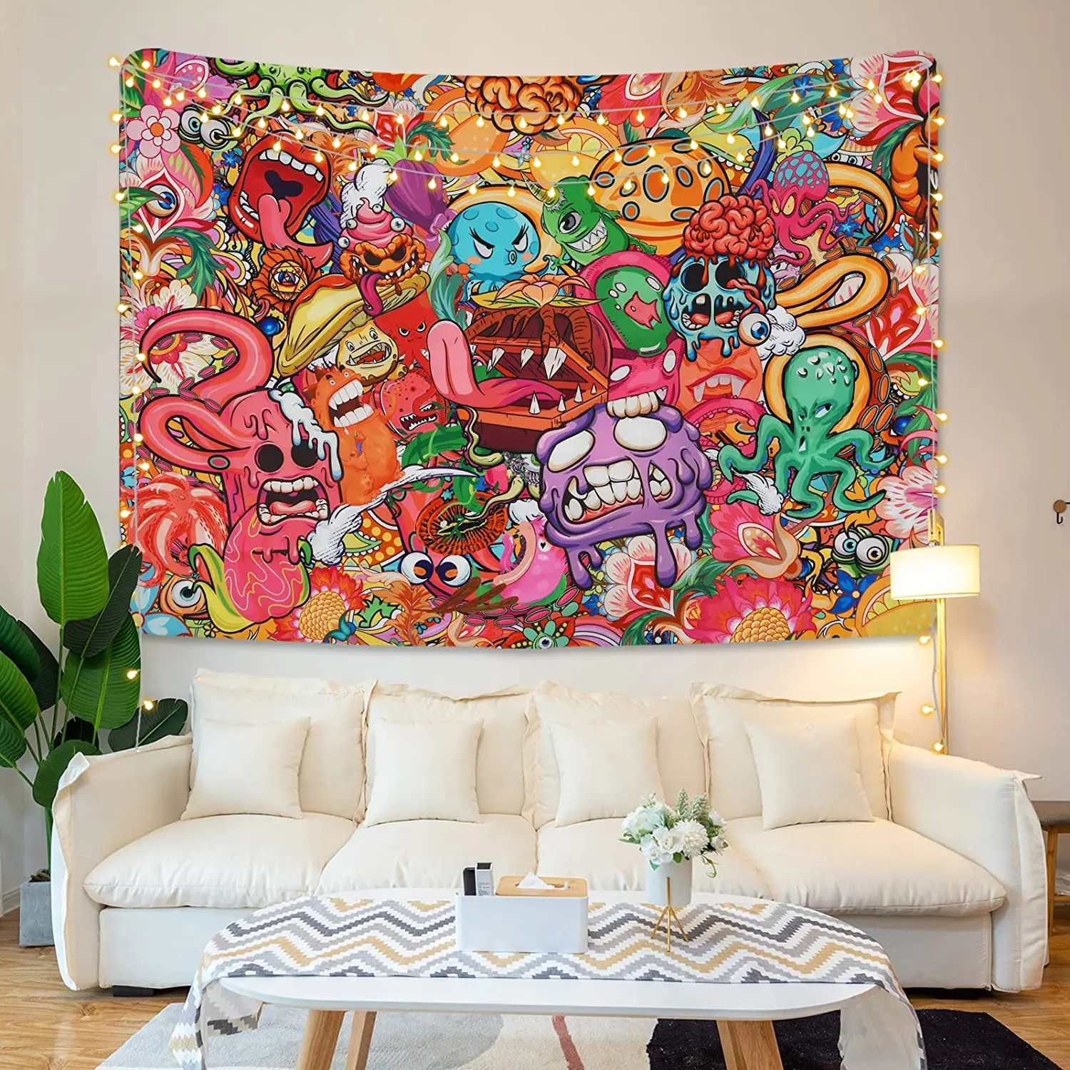 Psychedelic Abstract Colorful Monster Eyes Hippie Octopus Fantasy Colorful Floral Trippy Tapestry For Room