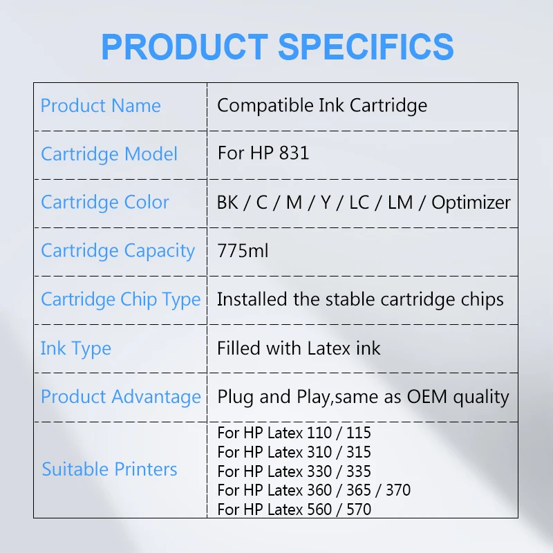 Cartucho de tinta de látex para impresora HP 831, 110, 115, 310, 315, 330, 335, 360, 365, 370, 560, 570, L360, L365, L330, 775ML