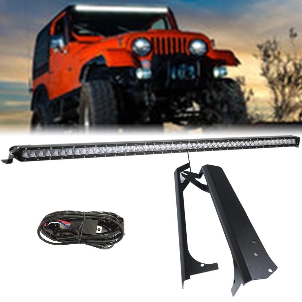 For 1997-2006 Jeep Wrangler TJ 52Inch 250W Straight Slim 3D LED Work Light Bar With Roof Mounting Brackets Free Wire Harness Set