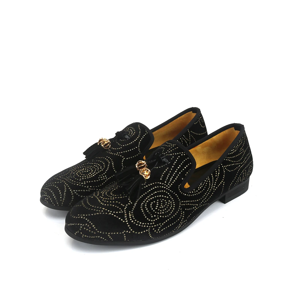 XQWFH Mens Black Embroider Loafers Luxury Rhinestone Moccasins Shoes Men Tassel Casual Slippers Slip On Flats Brand Dress Shoes