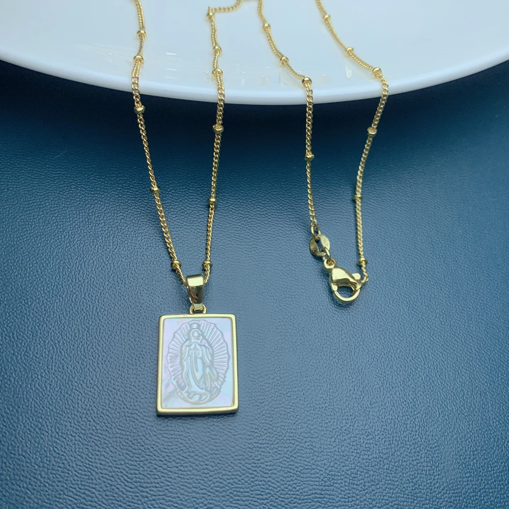 Natural Mother of Pearl Shell Guadalupe Virgin Pendant Necklace Religions Vintage Jewelry For Women
