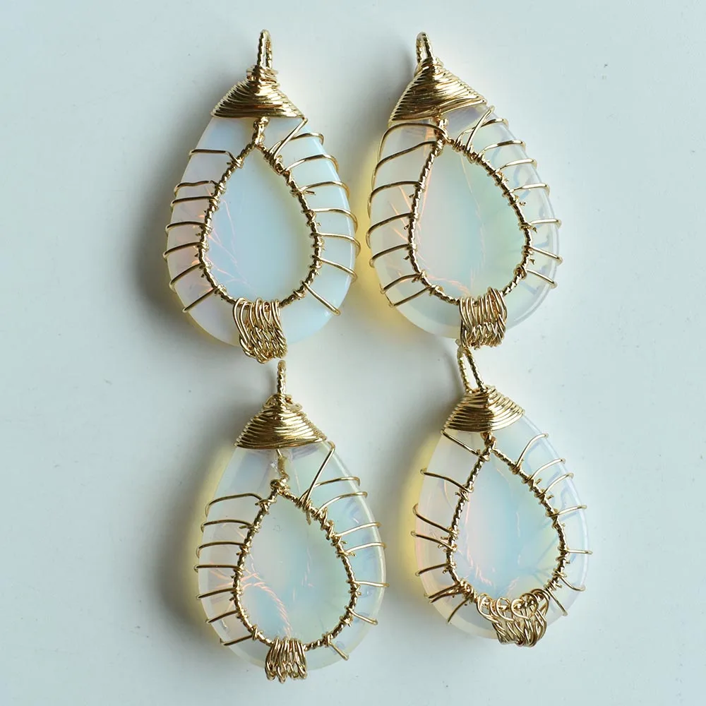 Wholesale 4pcs/lot good quality Gold Color Wire Wrap handmade tree of life drop shape opalite stone pendants free shipping