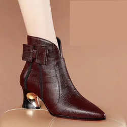 FHC nuovi stivaletti da donna in morbida pelle, scarpe invernali con papillon, Botas corte, punta a punta, tacco strano, marrone, nero, rosso vino, Dropship