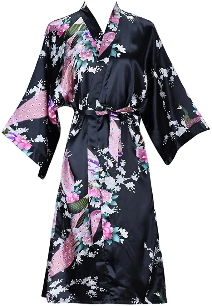 Silk Satin Wedding Bride Bridesmaid Robe Floral Bathrobe Short Kimono Robe Night Robe Bath Robe Fashion Dressing Gown For Women