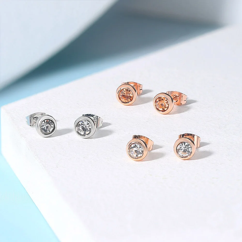 Simple Round Crystal Stud Earring For Women Men Rose Gold Color Multicolor Zirconia Ear Accessories Earing Fashion Jewelry E496