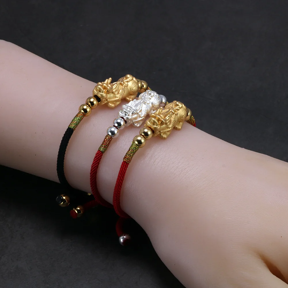 Real 999 Sterling Silver Pixiu Bracelet for Men and Women Adjustable Charm Hand Braided Lucky Knot Retro Thai Amulet Bracelet