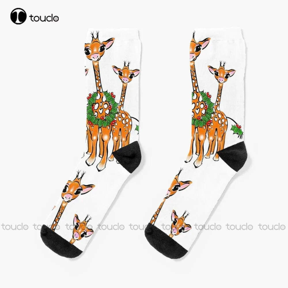 Christmas Giraffe Family Cute Illustration With Red-Green Holly Wreath Socks Thin Socks Women Personalized Custom Christmas Gift