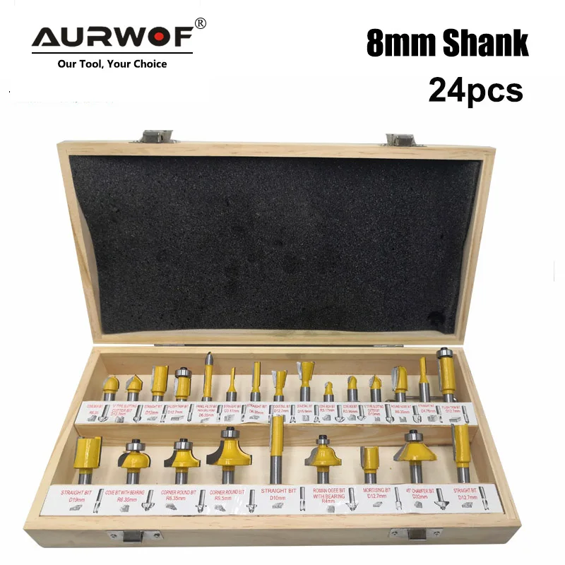 24PCS 8mm Shank DIY Woodworking Router Bits Set Milling Cutter for Wood Flush Straight Chamfer Trimming Engraving Tool MC02012