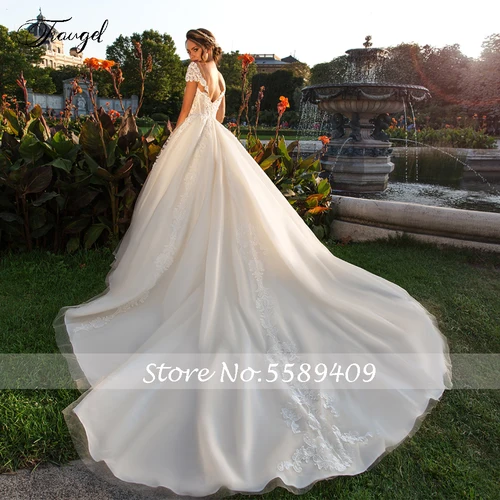 Imagen 2 del producto Vestidos de novia de encaje de línea A personalizados, apliques de manga corta, vestido de novia sin espalda, vestido de novia de cola catedral de talla grande