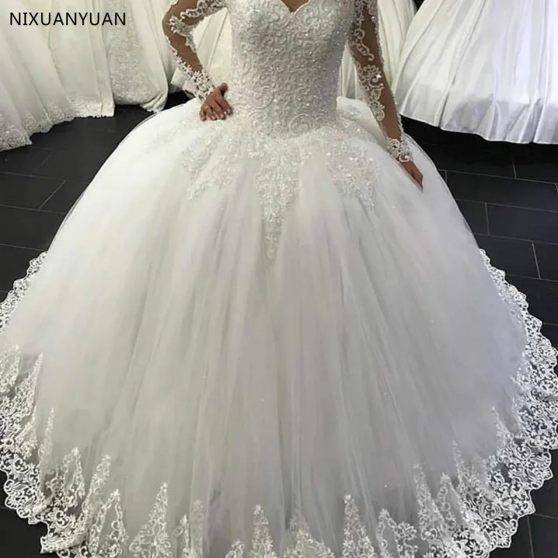 Vestidos De Noiva 2023 Ball Gown Long Sleeve Wedding Dress Button Lace Appliques Princess Wedding Gowns Robe Mariage