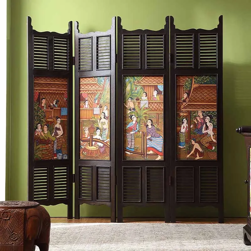 

Thai Hand-painted Lanna Painting Wood Carving Four Double-sided Screens Southeast Asian Furniture Partition Restaurant