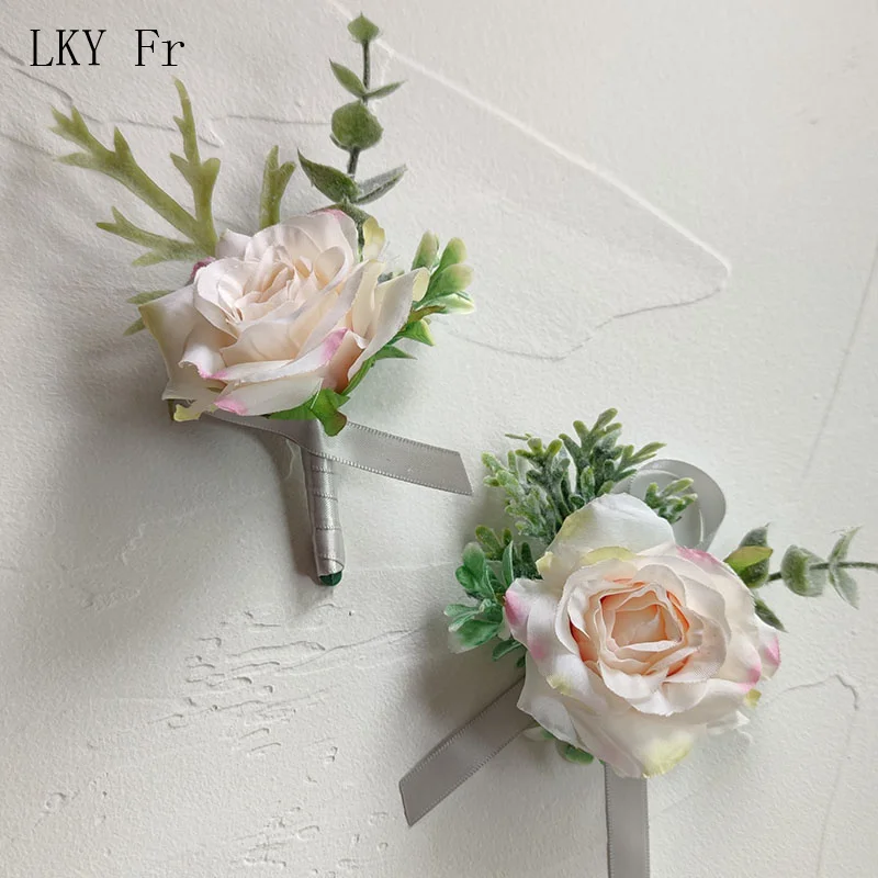 LKY Fr Boutonniere 웨딩 꽃 손목 코사지 팔찌, 아이보리 실크 장미 신랑 버튼홀 신부 들러리 결혼 신부 액세서리