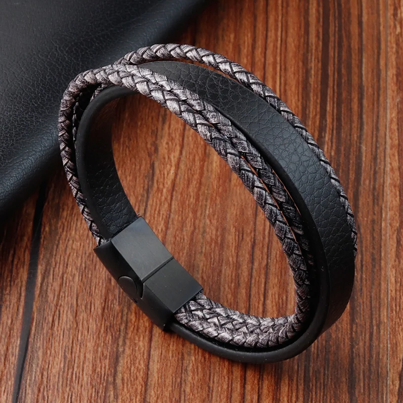 Retro Style Double Stitching Combination Small Accessories Stainless Steel Men's Leather Bracelet Promotional Price For Gift