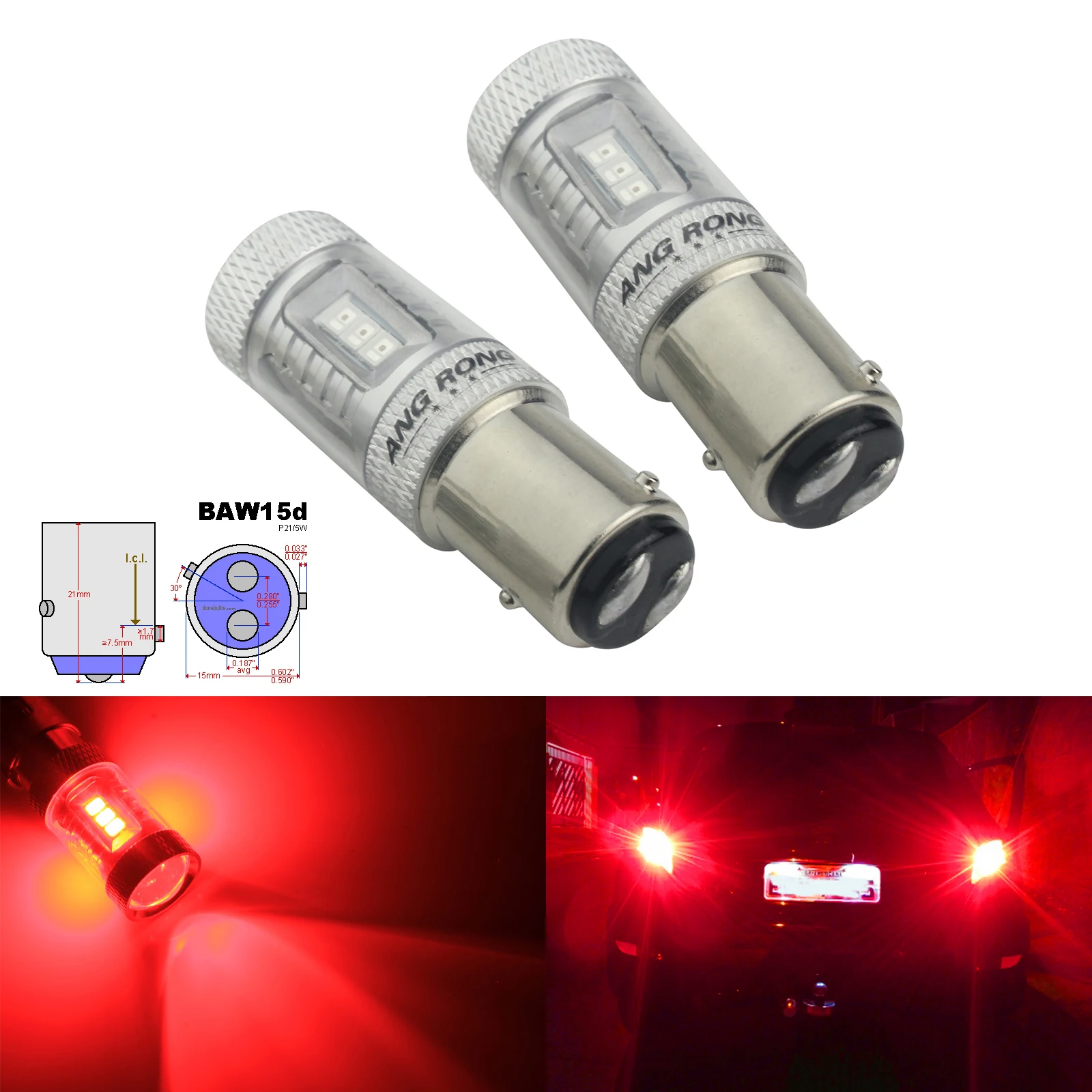 ANGRONG 2X Red Brake LED Stop Tail Light Bulb 567 21/5W BAW15D Offset Pins For FORD