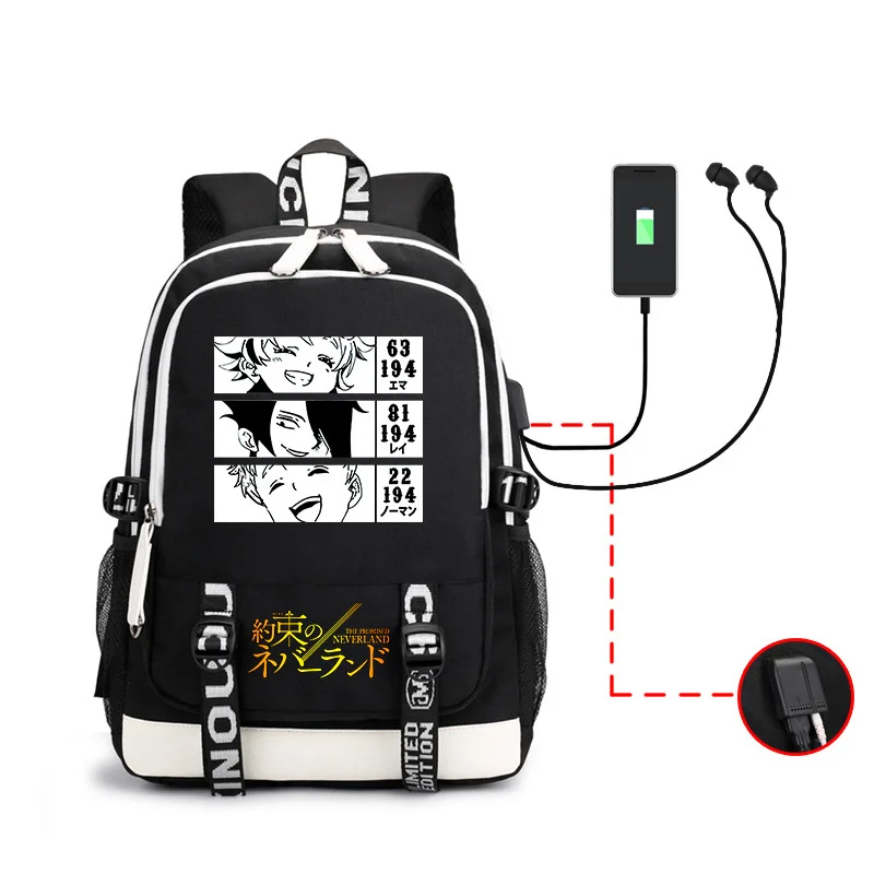 

The Promised Neverland Backpack Anime Print Schoolbag USB Black Computer Travel Daypack Casual Campus Bag Shoulderbags 2021 New