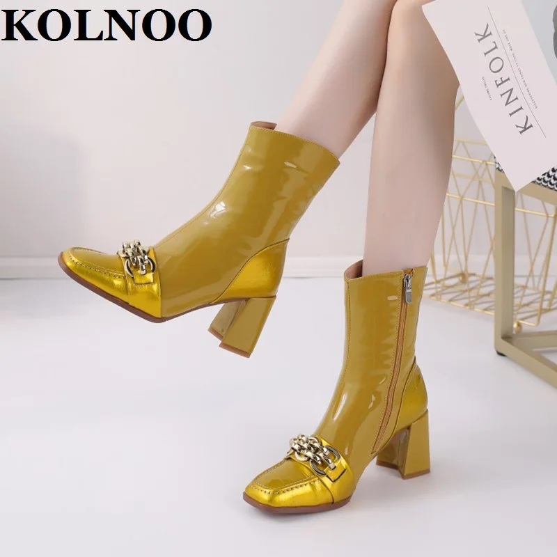 Kolnoo New Real Photos Womens Chunky Heels Boots Patent Leather Chains Deco Square-Toe Sexy Motorcycle Boots Fashion Party Shoes