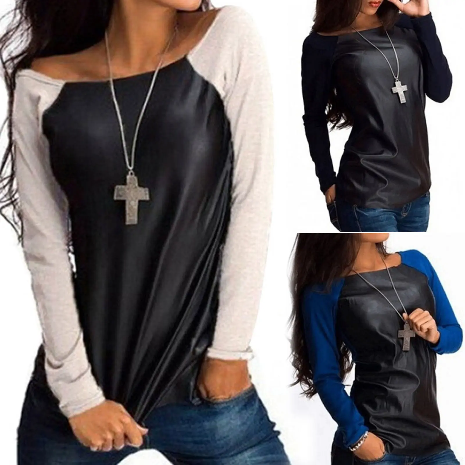 New Fashion Summer Autumn Womens Sexy Leather Long Sleeve Tops Splice Sweatshirt T-Shirt Casual Loose Tops