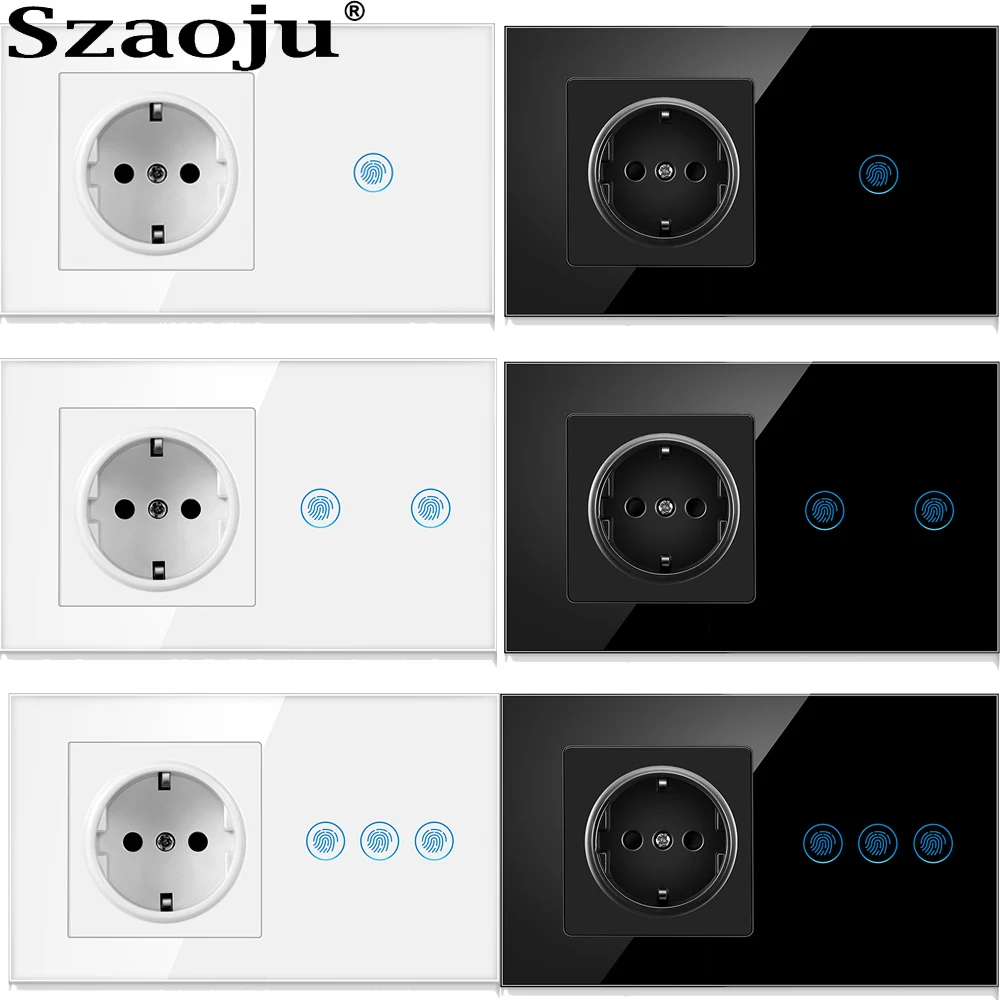 Szaoju Light Smart Switch1/2/3 Gang 1Way Touch Switch With EU Plug Wall Socket Crystal Glass Panel Backlight Home Wall Switches