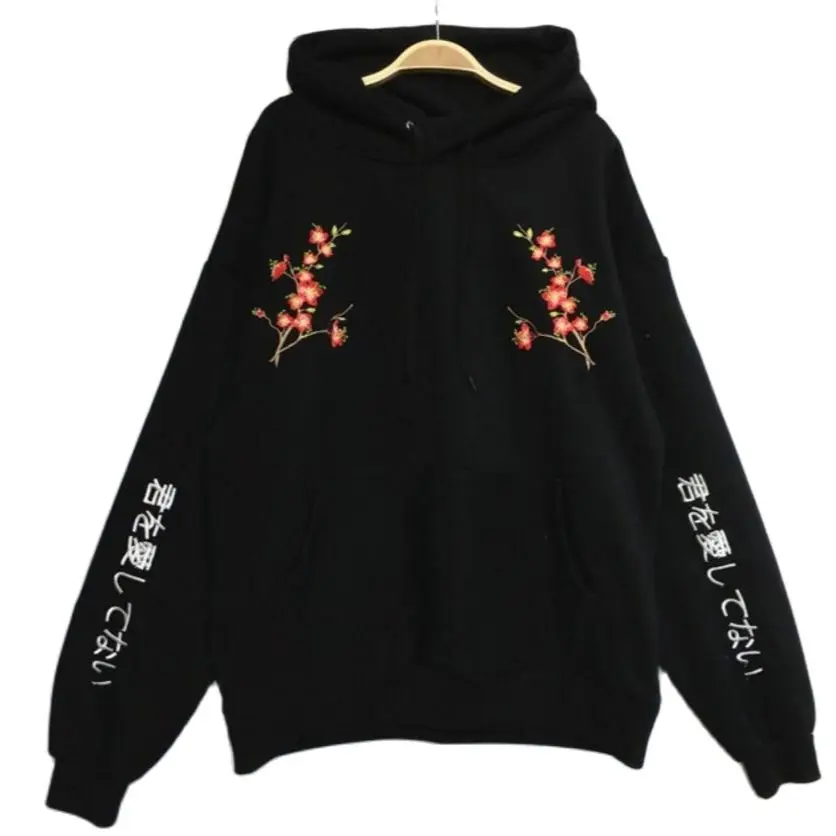 Plum blossom embroidery flower autumn winter women loose hooded long-sleeved Sweatshirts