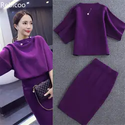 Traje de punto para mujer, conjunto de top y falda, ropa de punto femenina, color morado y negro, 2 piezas