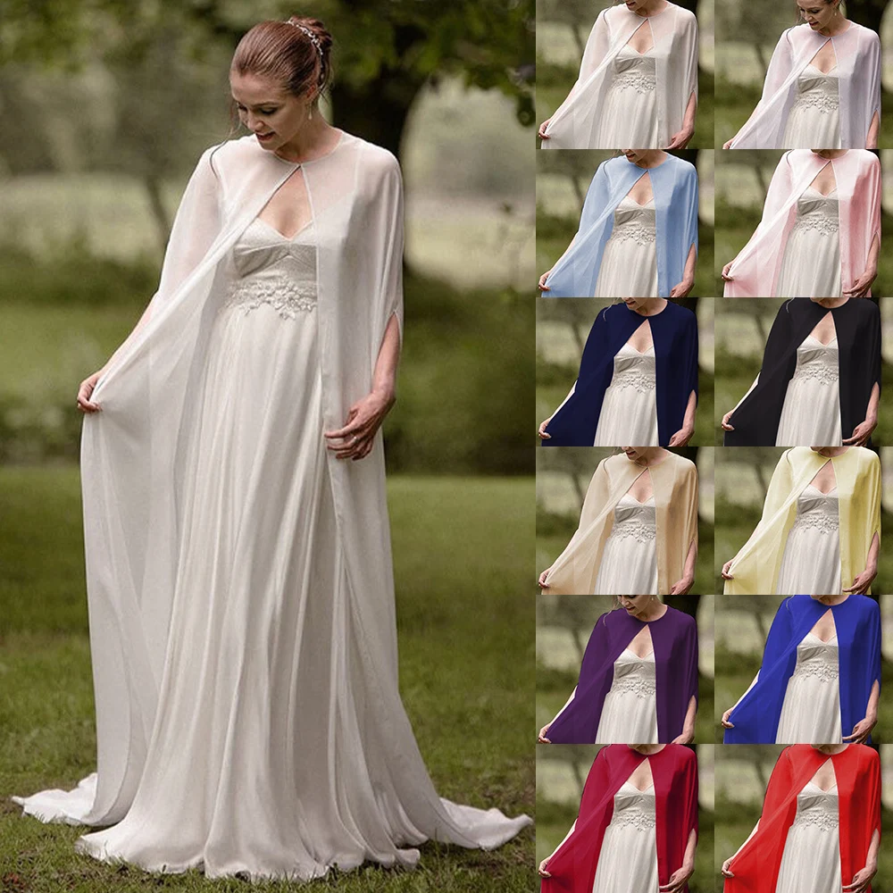 Ślubna szyfonowa długa peleryna kolacja formalna damska płaszcz O-neck bal damski szal miękkie eleganckie bolerko białe czarne