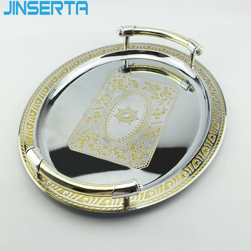 JINSERTA Metal Storage Tray Jewelry Display Plate Gold Dessert Fruit Cake Plate Home Hotel Restaurant KTV Decorative Tray