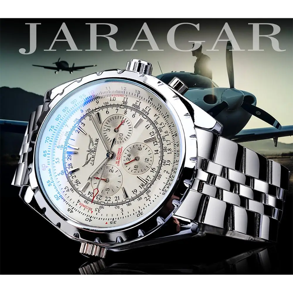 Jaragar-White Dial Automatic Watch, Calendário Completo, Aço Inoxidável Prata, Luminous Business Sport, Data Mecânica Relógio de Pulso