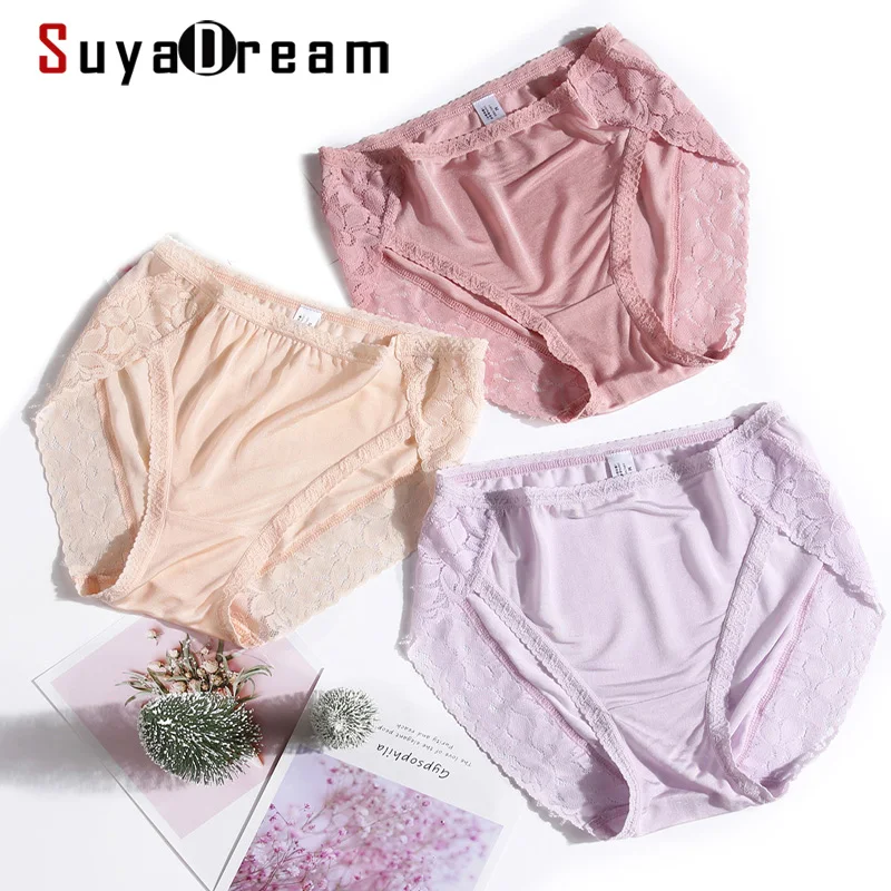 SuyaDream Women Silk Panties 100%Real Silk and Side laces Sexy Briefs Comfortable seamless Underwear 2022 Black Lace Underpants