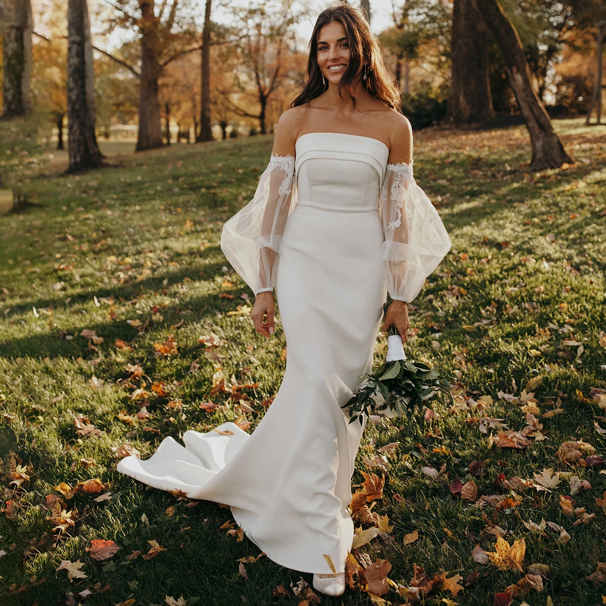 Robe de mariée de Luxe en Satin, manches bouffantes en Tulle, Tube sirène, application sur mesure, bouton froncé, rustique Simple