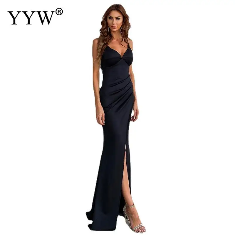 Sexy V-Neck Long Formal Evening Dresses Asymmetric Side Slit Solid Black Night Gown Trendy Party Dresses For Women Ankle Length