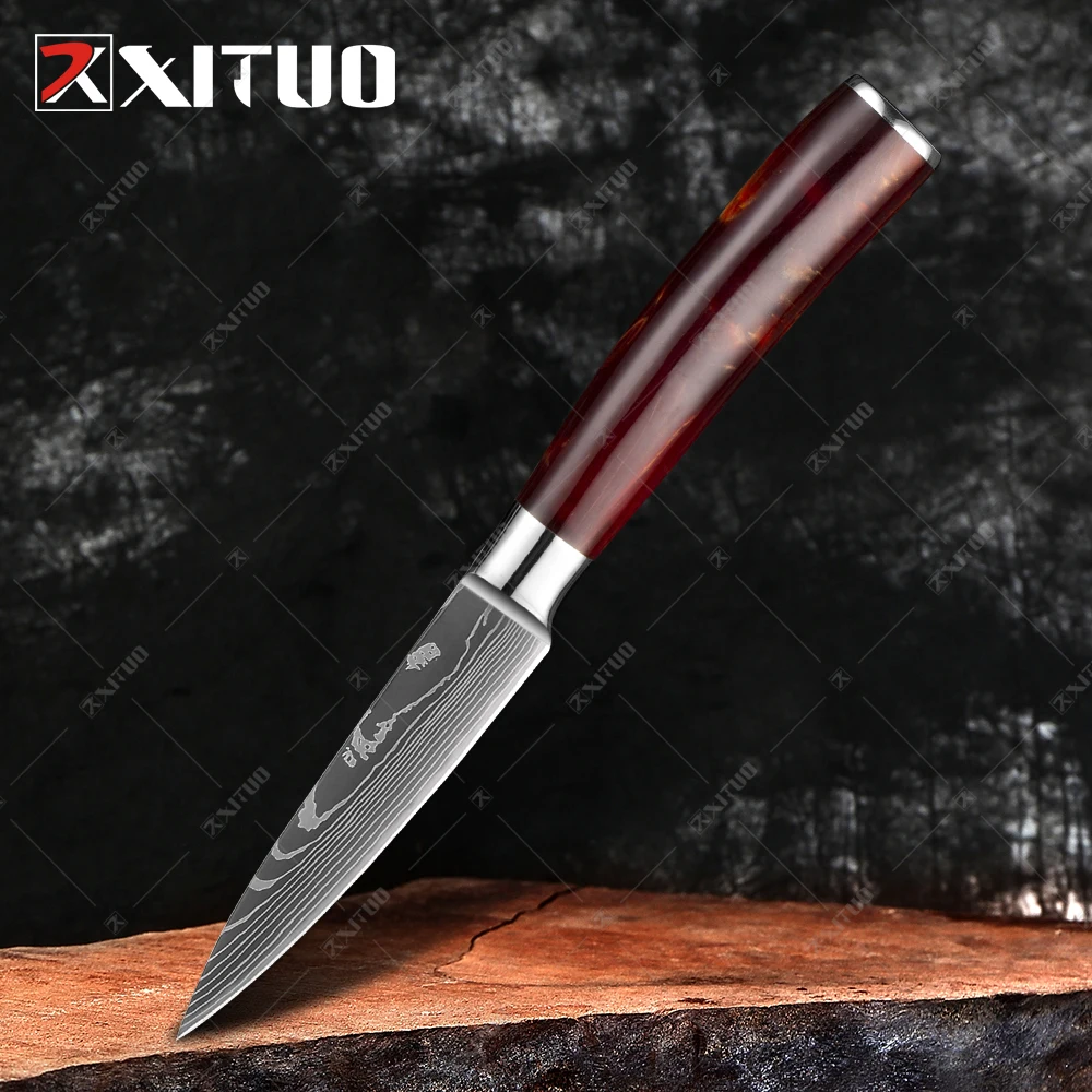 XITUO 3.5 Inch Paring Knife Professional Laser Damascus Kitchen Knife Resin Handle Vegetable Fruit Peeling Knife Chef's Tools