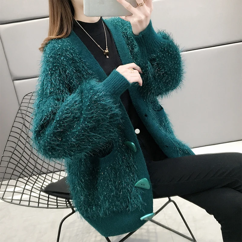 2020 Spring Autumn Women Cardigan Sweater Coats Loose Fashion Blue Knitted Female Plus Size Sweater Jackets HK613