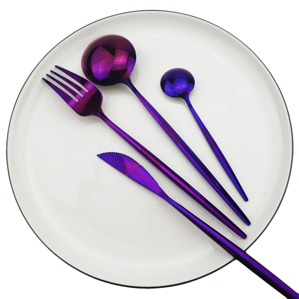 Shiny Purple Dinnerware Set Western Tableware Set 18/10 Stainless Steel Fork Knife Spoon Cutlery Set Home Party Silverware Set