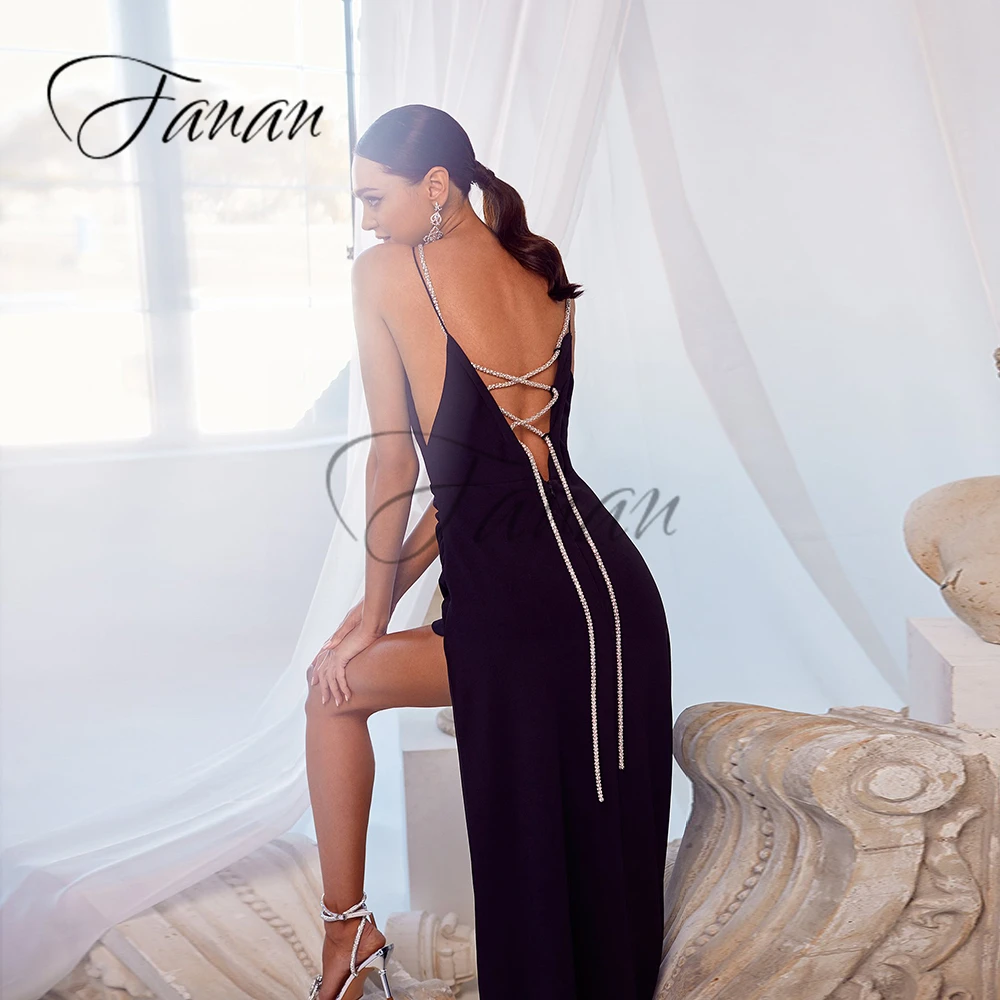 Deep V-Neck Front High Split Evening Dresses Sexy Backless Spaghetti Strap Simple Prom Party Gown robe de soirée femme vestidos