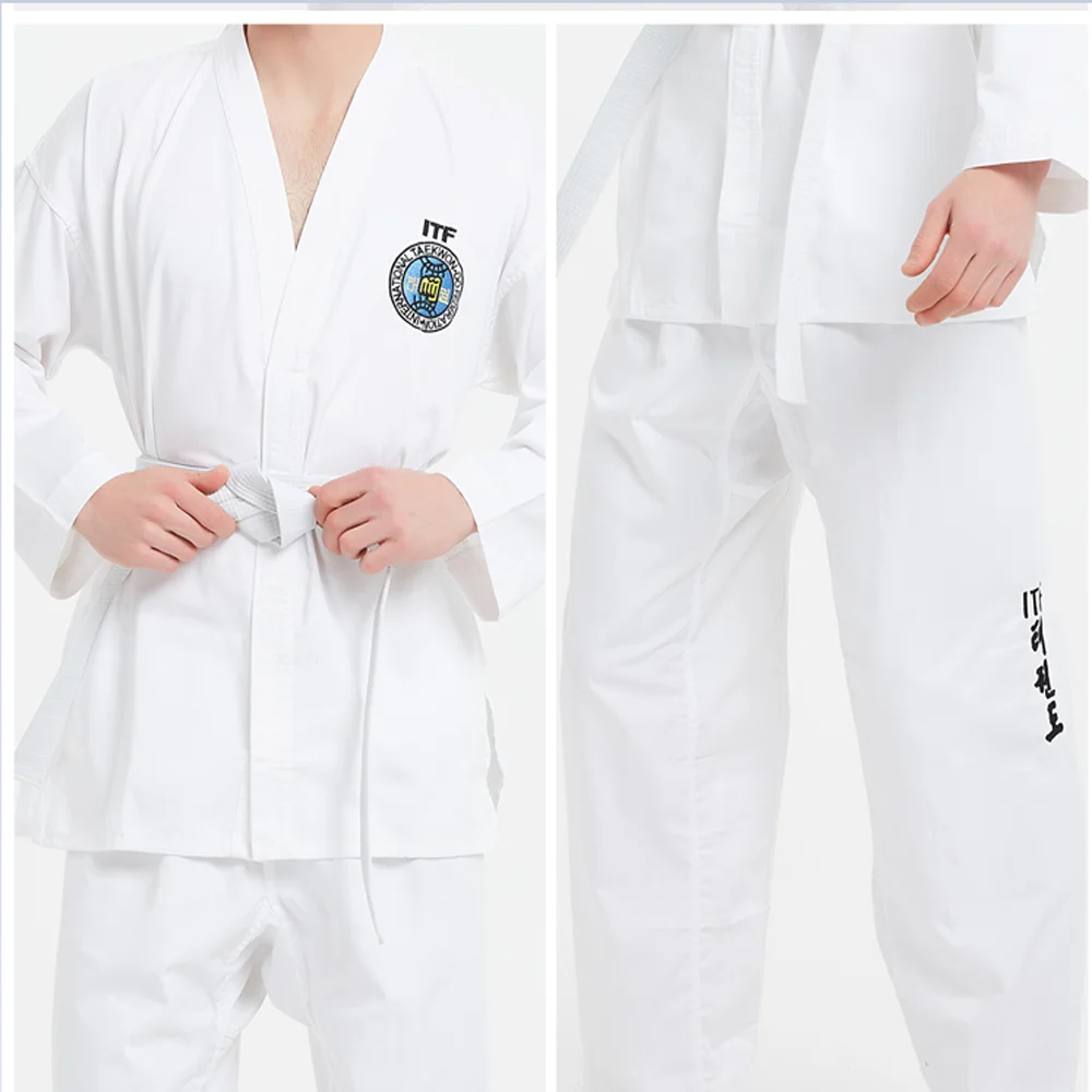 Uniforme bianca professionale approvata ITF per studenti Taekwondo, tuta Doboks, arti marziali Kimono, vestiti Taekwondo, manica lunga