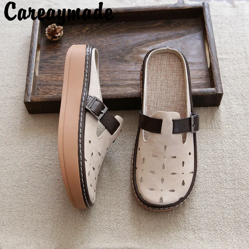 Careaymade-Thick soled slippers women\'s summer outdoor hollow out linen breathable belt buckle sandals hand sewn big sandals