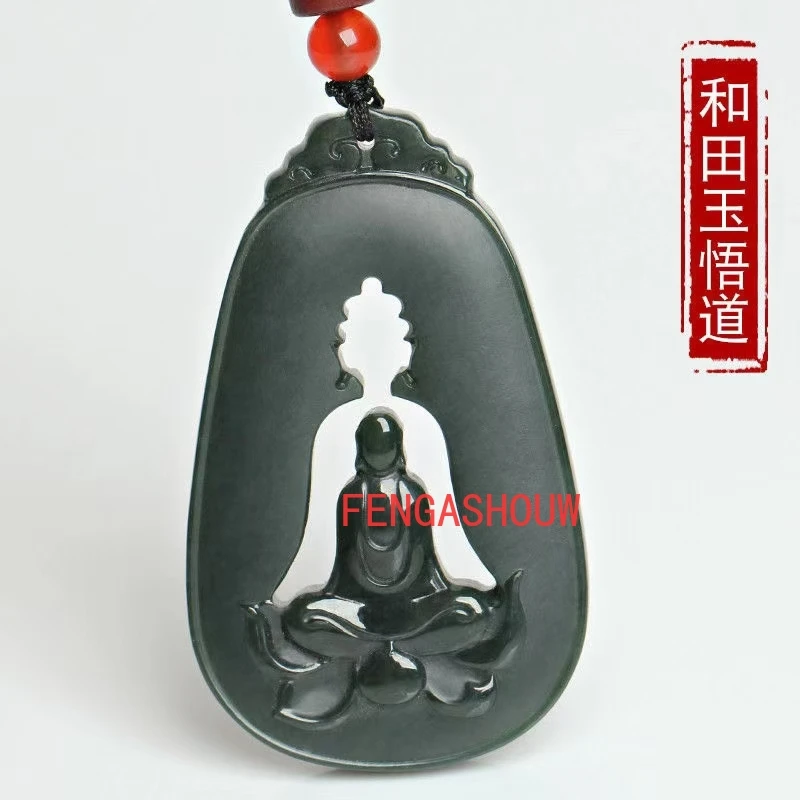 

Natural Hetian Jade Cyan Double-sided Carving Hollow Buddha Pendant Charm Jewellery Necklace for Women Men Fashion Accessies