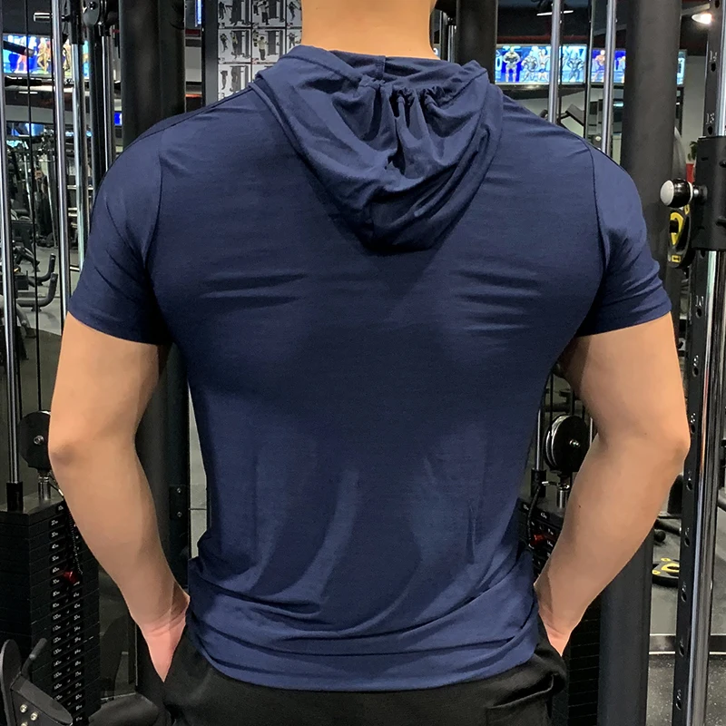 GYM Sport Hooded Running Men T shirt Fitness Slim High Elasticity Breathable Quick Dry Bodybuilding Mens Tshirt Men Tee Tops