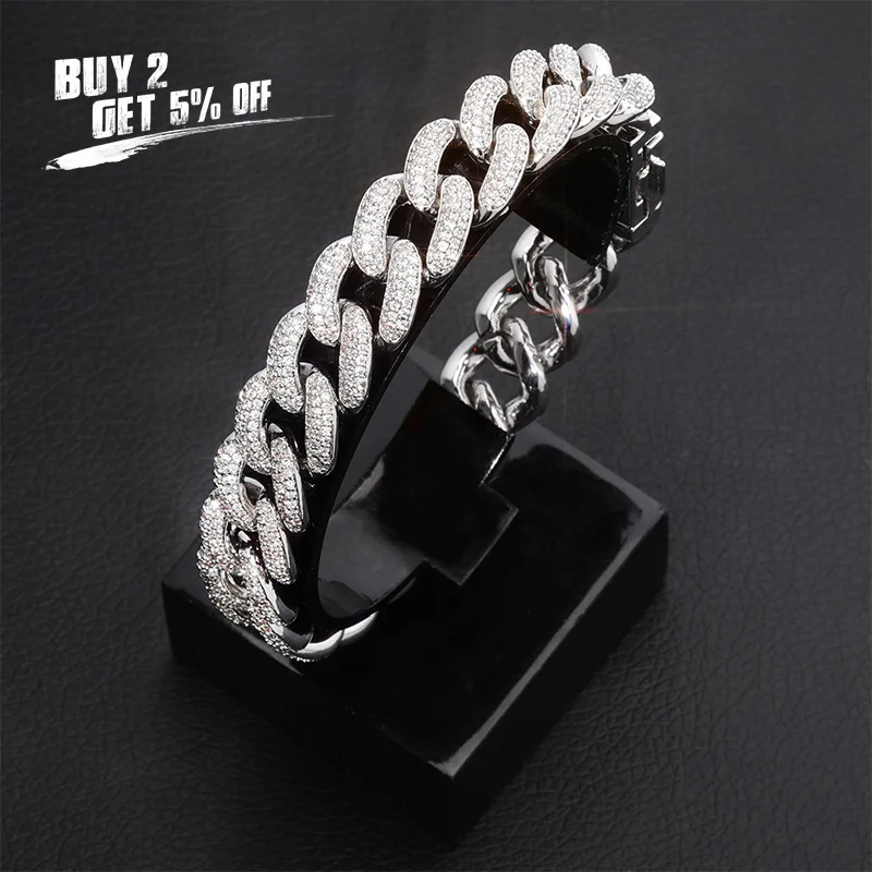 JINAO Newest Lock Clasp 14mm Hip Hop Iced Out Bling CZ Men Bracelet 7 8 9 Inch Miami Cuban Link Bracelets Hiphop Jewelry