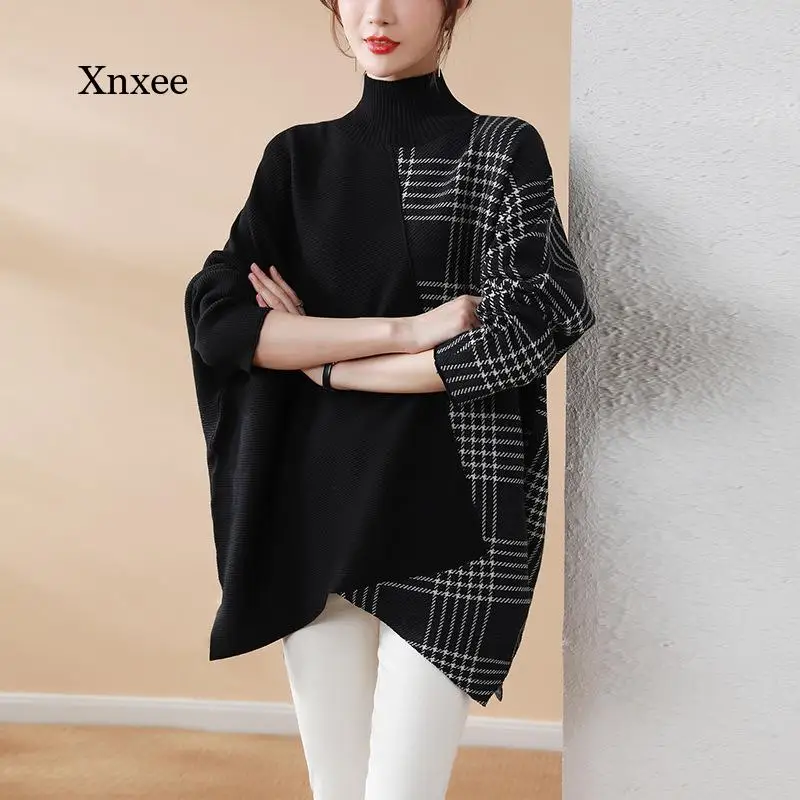 Pullovers Knitted Turtleneck Sweater Women Winter Sweaters Korean Style Long Sleeve Top Plaid Patchwork Pull Femme Tee Clothing