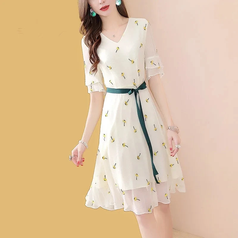 Floral Chiffon Dress Female Summer Vestidos New Women Receive Waist Printed A-line Dresses S-2XL Ladies Dress C857