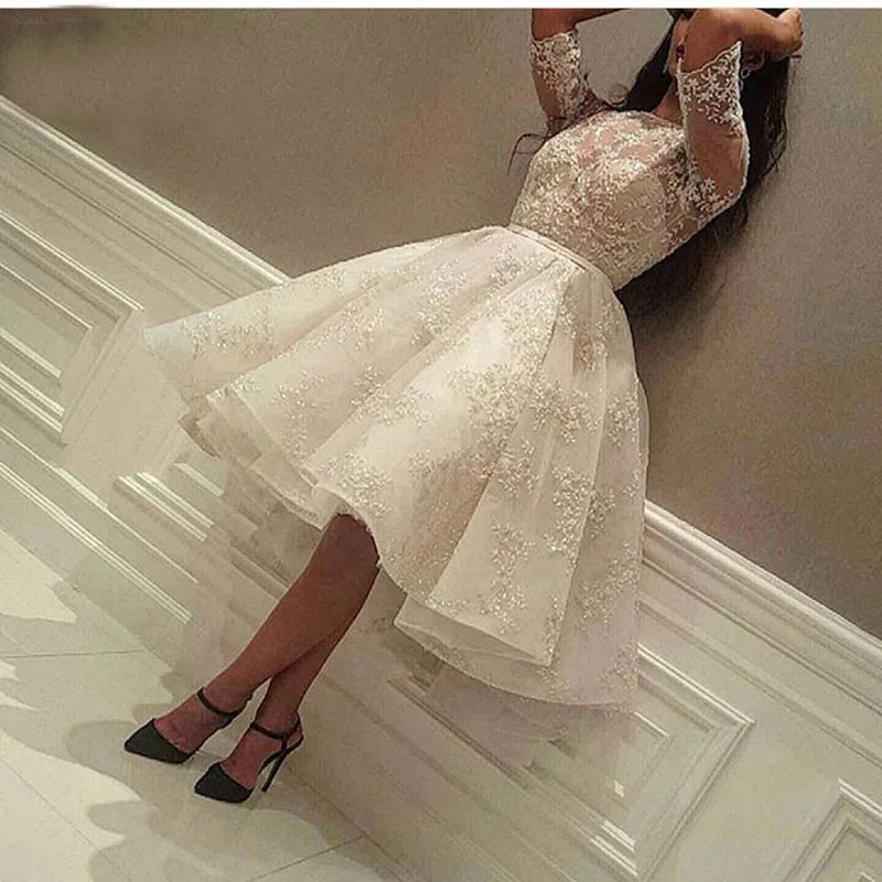 

Fashion Ivory Short Prom Dress Lace Applique Beads Half Sleeve Knee Length Dubai Arabic Short Cocktail Dress Party Gowns