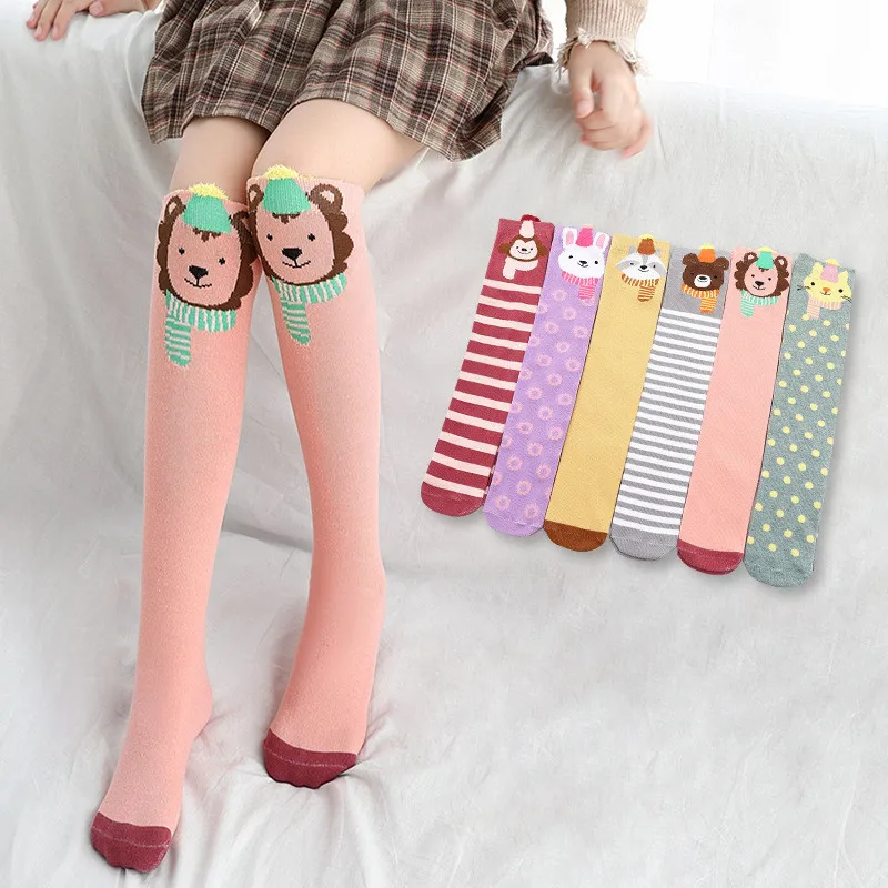 New Knee Socks Children's Cartoon Striped Kniekousen Meisje Animal Print Calcetines Dibujos for Girls Cotton Kids Baby High fox