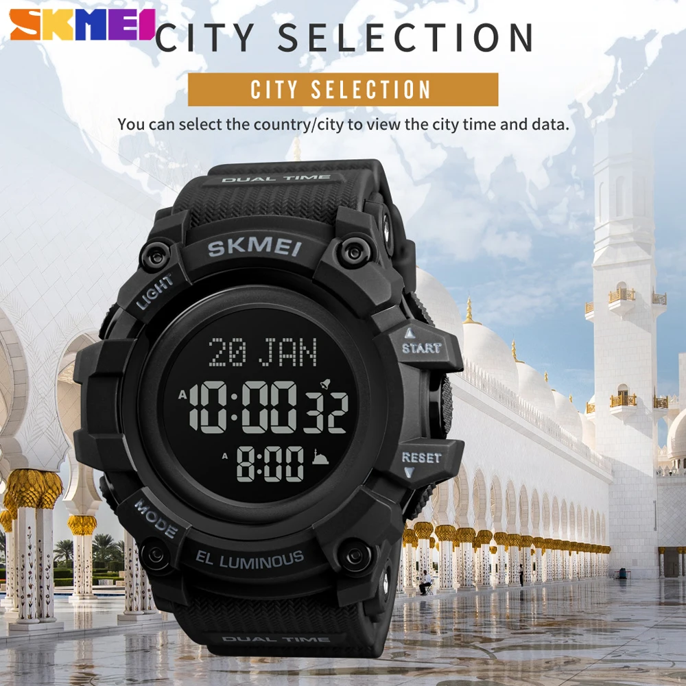 SKMEI Digital Men\'s Watch Outdoor Multifunction Prayer Qibla Compass Wristwatches Electronic Stopwatch Clock Relogio Masculino