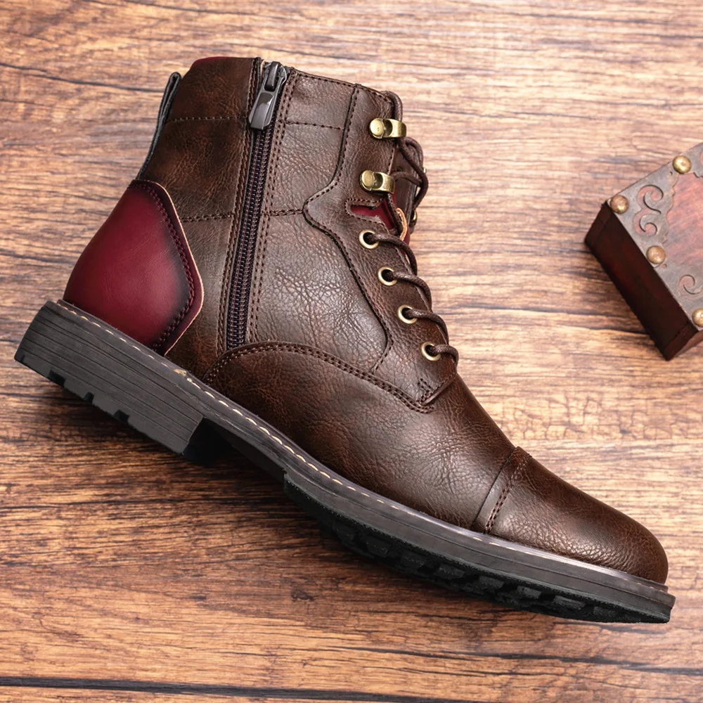 Men Boots Leather Vintage Zipper Style Ankle Lace Up Footwear 3787