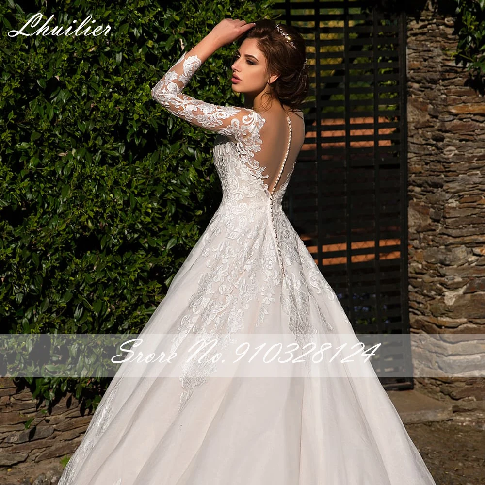 Lhuilier-Vestidos de Novia de encaje con cuello transparente, manga completa, longitud hasta el suelo, ilusión trasera, tren de barrido