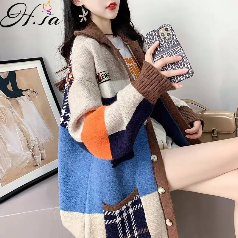 Hsa Women Long Sweater Cardigans Colorful Patchwork Sweater Coat 2021 Winter Korean Knitted Coat Oversized Warm Thick Cardigan