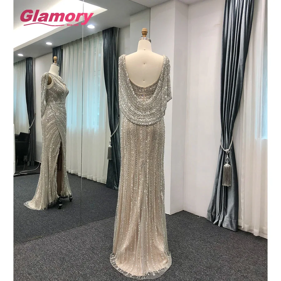 2020 Real Sample Pictures Rhinestones Mermaid Sexy Slit Prom Gown Vestido De Festa Evening Dress