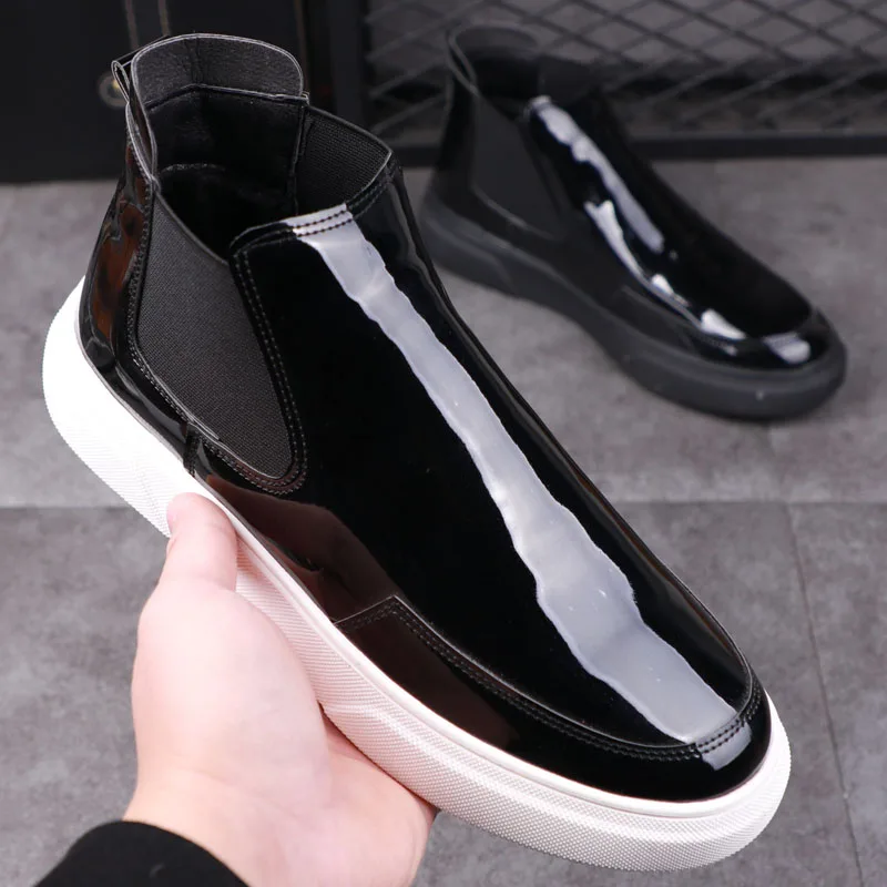 

mens luxury fashion patent leather boots black flats platform shoes spring autumn botines ankle chelsea botas hombre chaussures