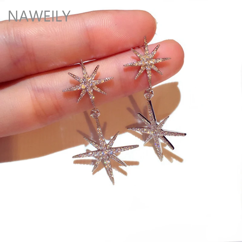 

New Korean Fashion Silver Color Stars Drop Earring Exquisite Women Jewelry Super Flashing Rhinestones Snowflake Earrings